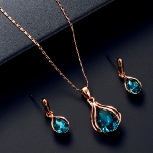 NEW RARE Ocean Blue Rose Gold Necklace & Earring Set Exquisite Unique Elegant - Picture 2 of 8